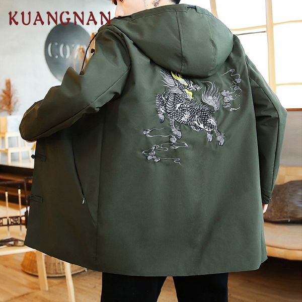 

kuangnan chinese kirin men jacket coat unicorn embroidery windbreaker streetwear men jacket coat hood winter 2018, Black;brown