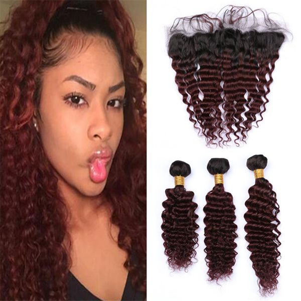 Grosshandel Ombre Burgund Brasilianisches Deep Wave Hair Bundles Mit Frontalem Spitzenverschluss Deep Curly 1b 99j Weinrot Ombre Menschliches Haar