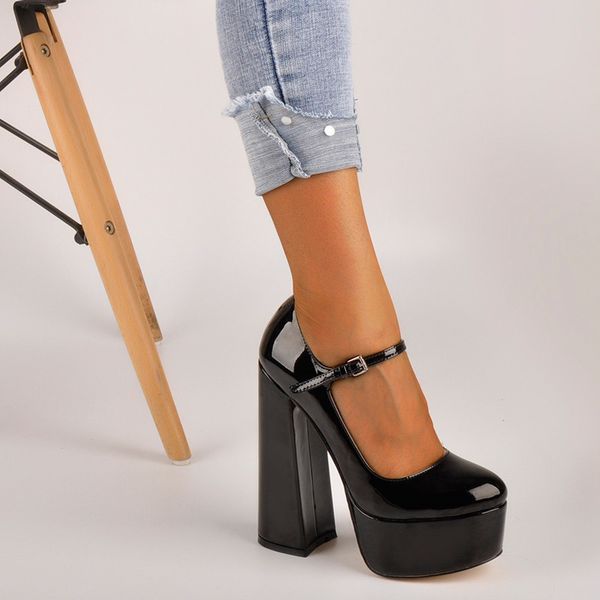 

dress shoes onlymaker womens mary-jane pumps platform chunky 15~16cm high heels ankle strap hoof plus size, Black