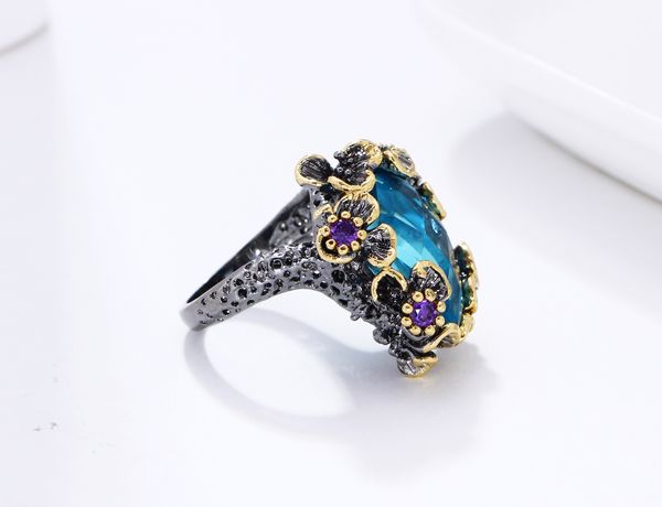 

fashion-big blue crystal rings trendy jewelry black plated fast shipping jewellery large ring flower, Golden;silver