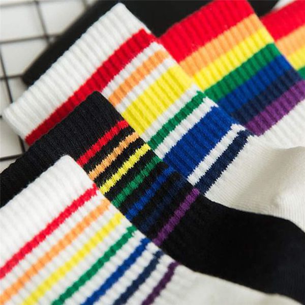 

женщины дизайнер радуга цвета носок midcalf длина опрятный стиль подросток девушки носки спортивные chaussettes женские чулки, Black;white