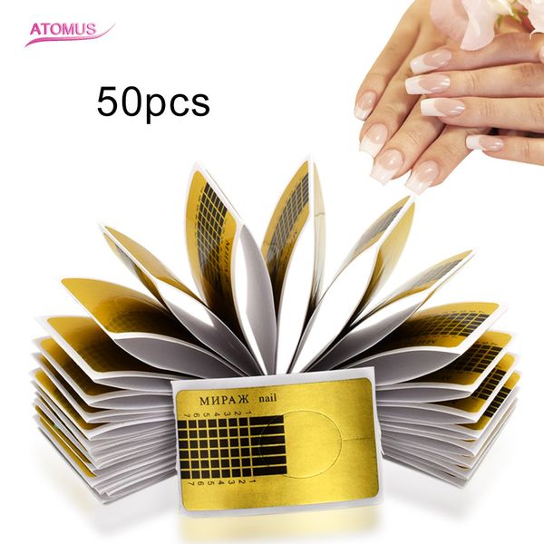 50Pcs Nail Forms Gel Extension Sticker Nail Art 2pcs Punte per unghie finte in plastica Clip Punte in gel per smalto acrilico Guida per punte francesi in oro