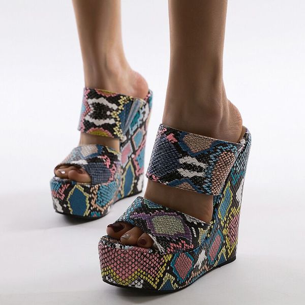 

2020 new wholesale green serpentine wedges high heels leisure summer sandal women shoes woman platform mules slippers, Black