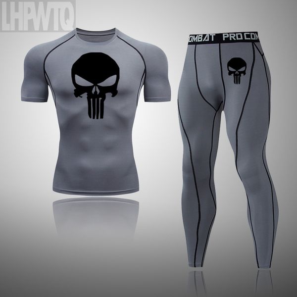 

punisher men's compression running jogging suits clothes sports set t shirt and pants gym fitness workout skull tights clothing, Black;blue