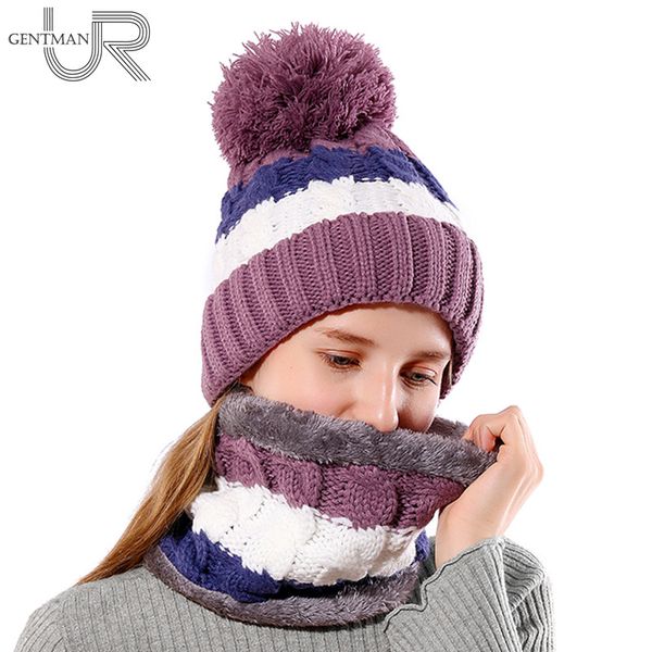 

new warm winter hat for women female fur lined soft beanie neck warmer scarf thick striped color knitted hat fashion pompom, Blue;gray