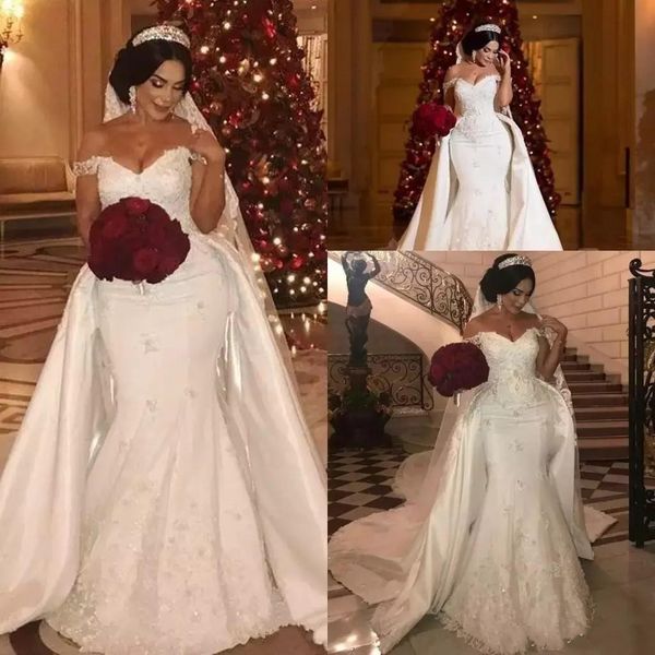 

2019 new african plus size mermaid wedding dresses off shoulder lace appliques beads overskirts detachable train formal bridal gowns, White