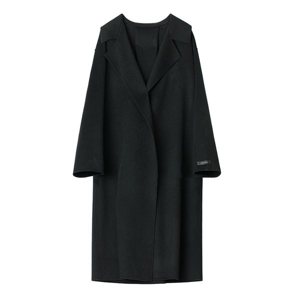 

women's handmade double-sided cashmere coat three buckle long loose wool coat solid color cashmere, Black