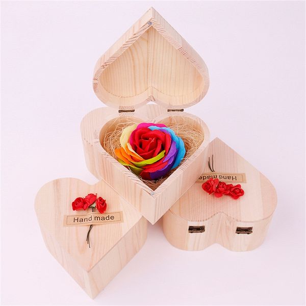 

heart shaped wooden box soap flower valentines day gift simulation colorful rose small wooden box dec#11