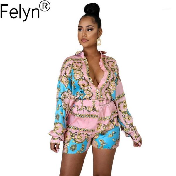 

felyn 2020 ins интернет celebrity известные 2 частей рубашки женщин set luxury печать блуза и короткое лето костюмов bb21291, White