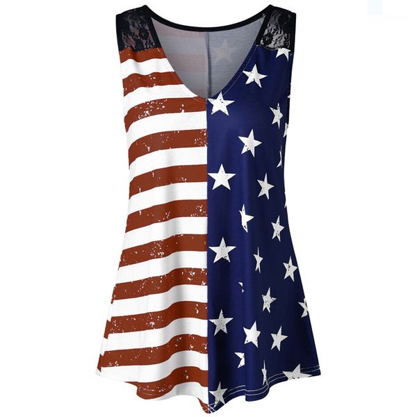 

women american flag print blouse females lace v-neck fashion shirt girls sleeveless plus size summer shirt blouse roupa feminina, White