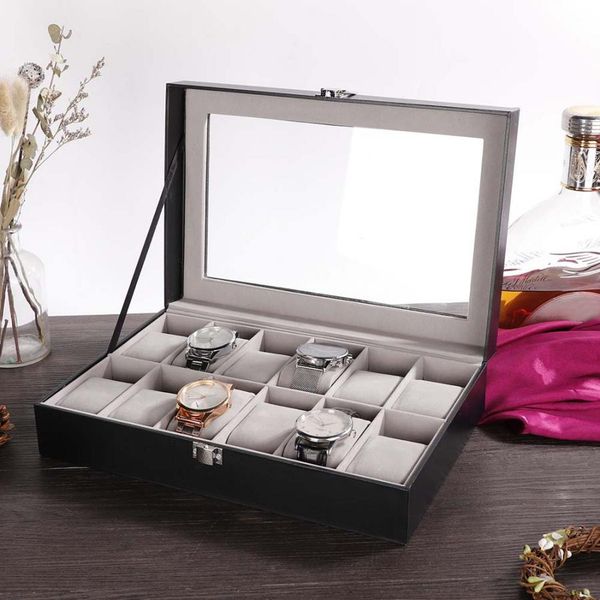 

12 slot black pu watch storage box display organizer case container wooden storage holder for watch box, Black;blue