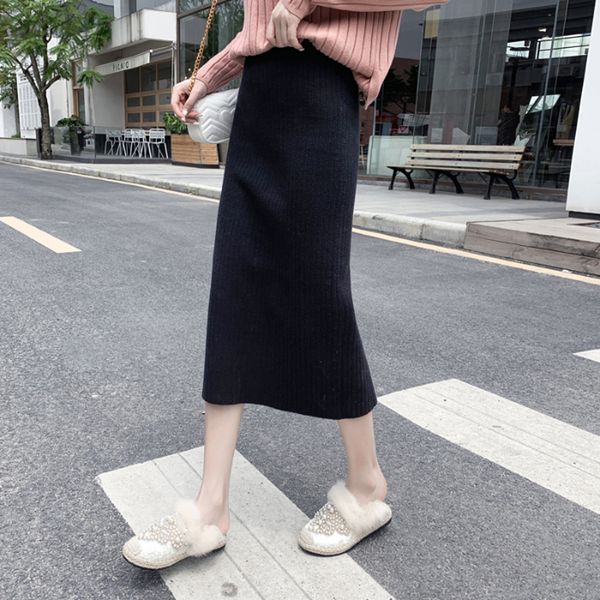 

skirts lucyever korean women knitted autumn winter slim high waist midi sweater skirt casual thick elastic warm female faldas, Black