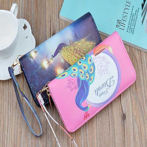 

women wallet fashion peacock printing wristband female zipper ladies clutch bag cartera mujer for femme, Red;black