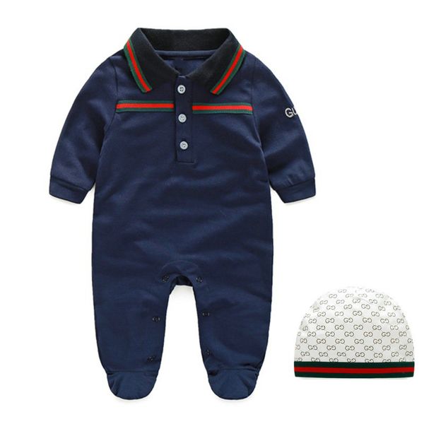 

In stock Autumn baby boys rompers designer kids lapel long sleeve jumpsuits infant girls letter embroidery cotton romper boy clothing