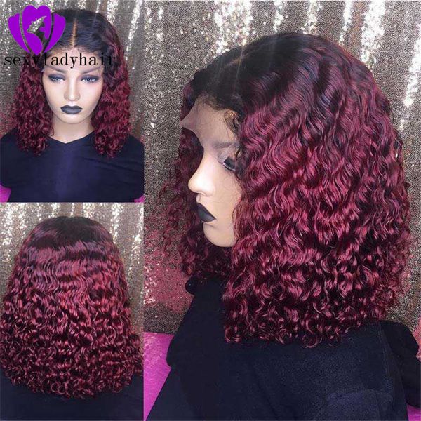 Novo ombre vinho vermelho peruca dianteira do laço curto kinky encaracolado para preto feminino cosplay partystyle perucas de cabelo sintético