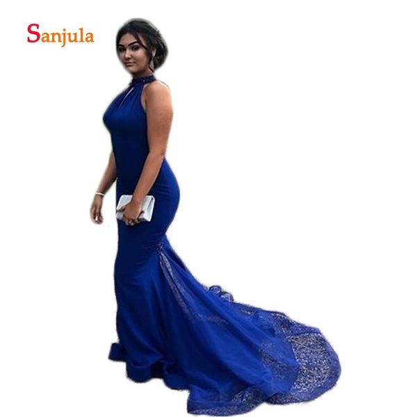 

high neck open back prom dresses mermaid keyhole front royal blue long graduation party dress with tulle vestido gala mujerd1080, White;black