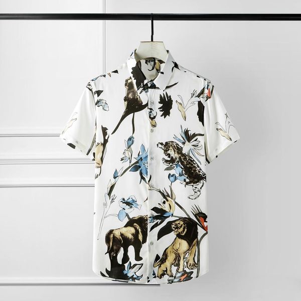 

men shirt luxury bamboo fiber short sleeve mens shirts lion digital allover printing cotton mens dress shirts black white, White;black