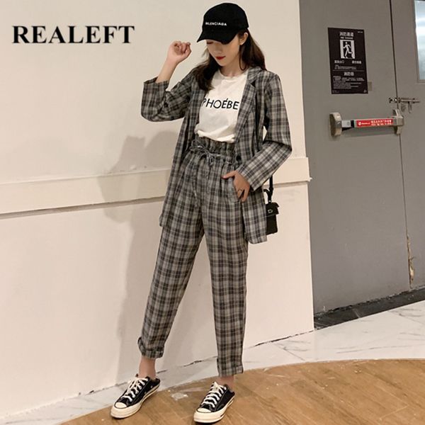 

realeft autumn plaid ol style work pants suits 2 piece sets vintage blazer jacket & trousers suit for women sets feminino 2019, White;black