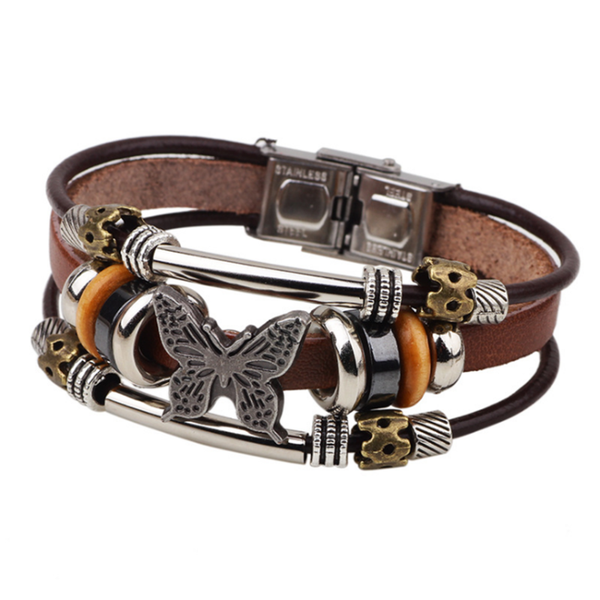 

fyjs unique silver plated alloy butterfly handmade leather bracelet for women insect jewelry, Golden;silver