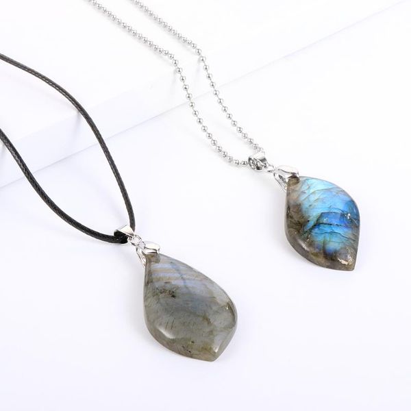 

women men natural stone labradorite pendant necklace irregular moon stones waxed rope/alloy ball clavicle chain energy jewelry, Silver