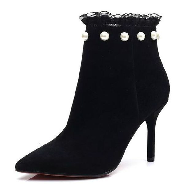 

spring/autumn suede pearl high heels women pointed toe high-heeled boots ladies stiletto pumps ankle boots woman e274, Black