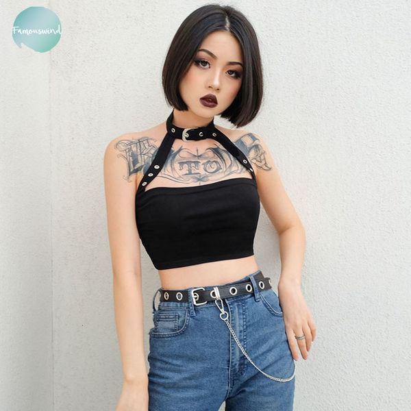 

хлопок halloween punk топы choker холтер top женщины backless cami пряжка crop top одежда бретели sexy button обрезанное готику, White