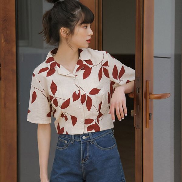 

harajuku shirt women sweet short sleeve lapel shirt summer slim print blouse female, White