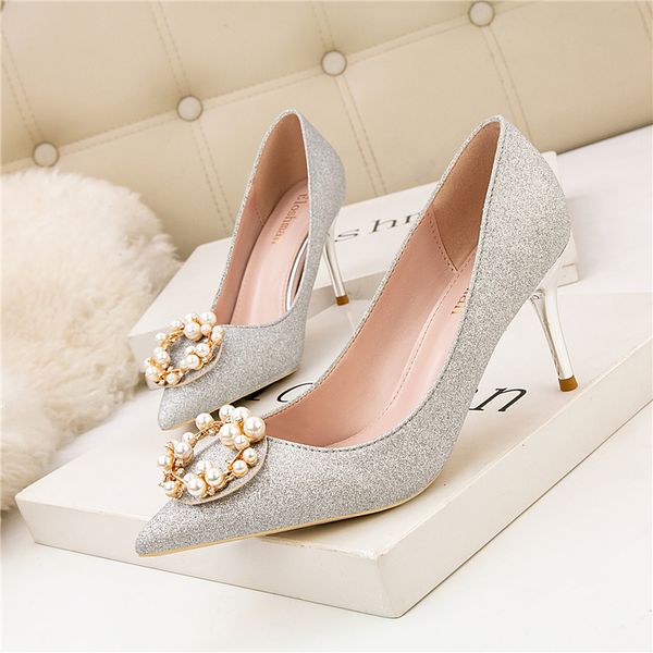 

2019 woman fetish 7cm high heels scarpins sequin pearl shoes lady silver gold escarpins talons stiletto wedding cute party pumps, Black