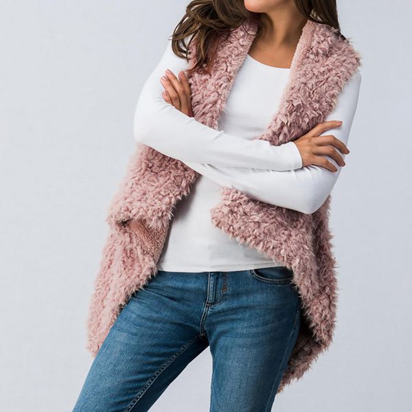 

autumn women sleeveless plush vest irregular plush vest winter outdoor wearing solid color d88, Black;white