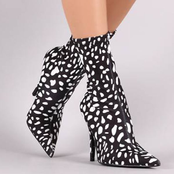 

2019 woman mid calf boots thin 11.5cm high heels shoes zipper pointed toe dot autumn boots luxury valentine scarpins botas, Black