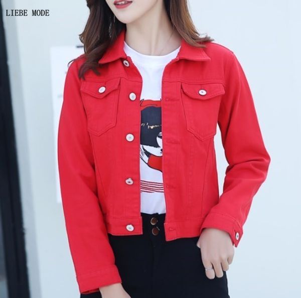 

new oversize jean jacket women short denim jackets basic coats vintage woman slim fit denim jacket pink red green black white, Black;brown