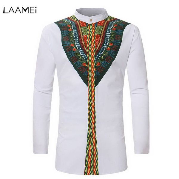 

laamei male casual shirt long sleeve shirt men's african ethnic print casual camisa masculina streetwear, White;black