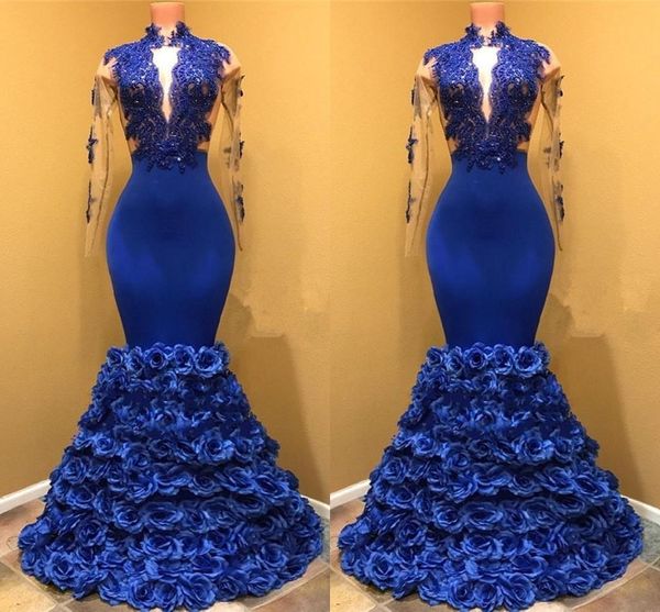 Exquisite formelle Abendkleider mit 3D-Blumenmuster, durchsichtige lange Ärmel, königsblaues Partykleid, Spitzenapplikationen, Festzugskleider, maßgeschneiderte Abendgarderobe