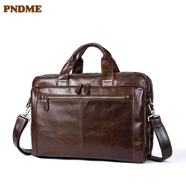 

pndme business genuine leather men's briefcase soft first layer cowhide 15 inch lapbag messenger bags