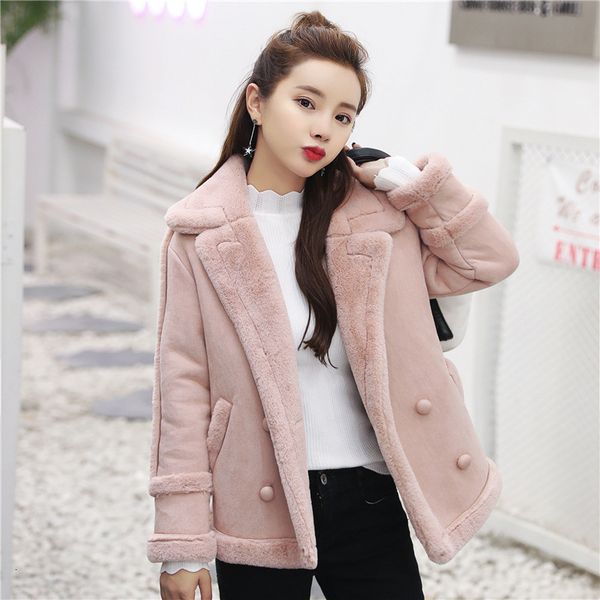 

2019 deerskin short loose coat winter jacket women clothes chamois lamb hair short fund coat hara juku basic jackets parka, Tan;black