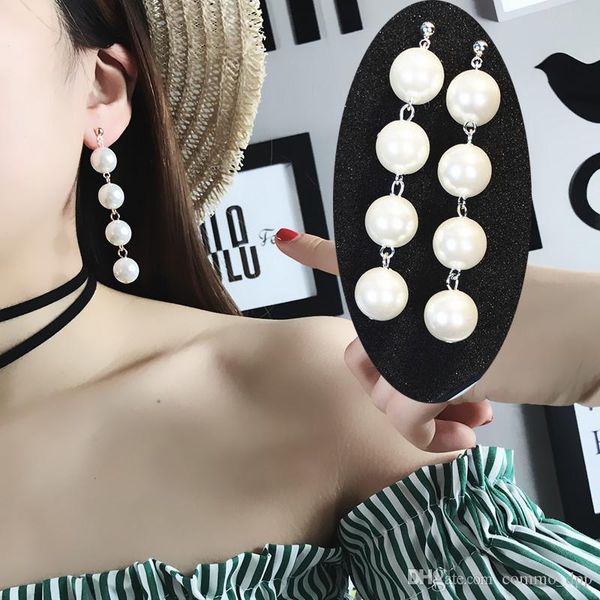 

fashion long pearl dangle earrings for women hyperbolic faux simulated big pearl hypoallergenic tassel drop earrings wedding bride jewelry, Silver