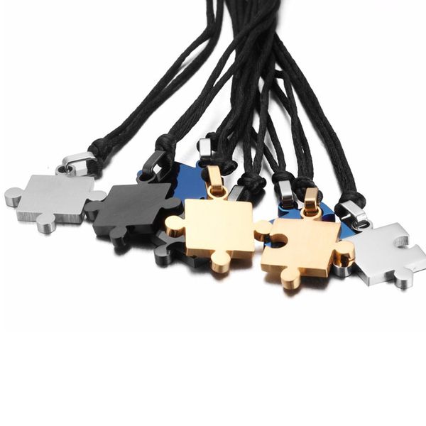 

2pcs couple necklace stainless steel smooth puzzle necklaces for lover woman man black rope chain acero inoxidable joyeria mujer, Silver