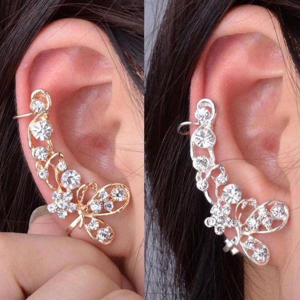 

1pc sweet women rhinestone inlaid butterfly right ear cuff stud earrings jewelry, Golden;silver