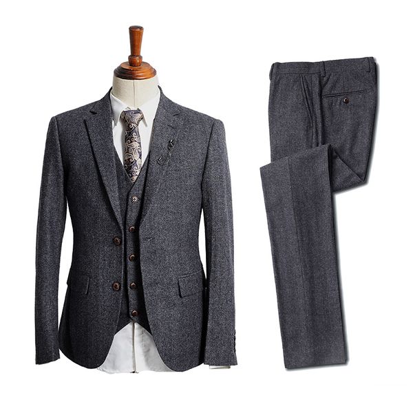 

classy wool wedding tuxedo 2020 dark gray tweed herringbone pockets groom wear men's suit vests groomsmen outfit slim fit men's in, Black;gray