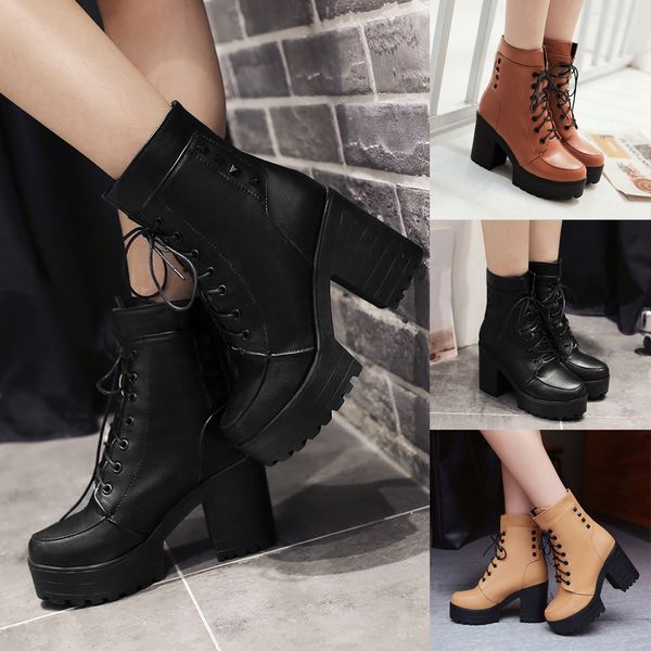 

25#women's round toe lace-up ankle buckle chunky high heel knight casual booties bottes d'hiver pour femmes, Black