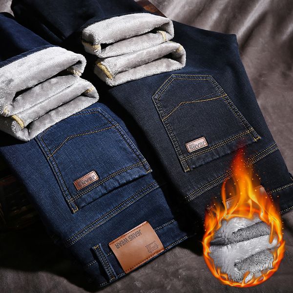 

2019 new winter warm jeans men fashion classic style thicken fleece denim trousers slim fit stretch pants male brand black blue