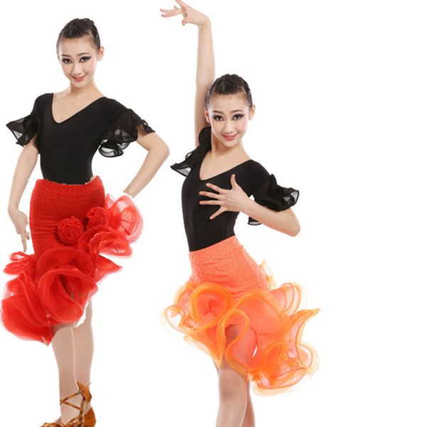 

ballroom dance competition kids dancing dresses latin salsa rumba tango samba cha cha skirts flamengo costume for children skirt, Black;red