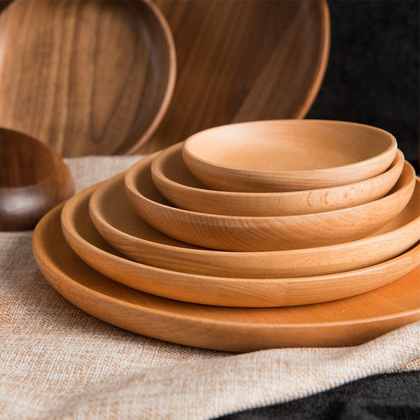 

kitchen walnut wood round dishes safety kids food plates nature wooden tableware multi size bread cake dishes fruit snack plates vt1608