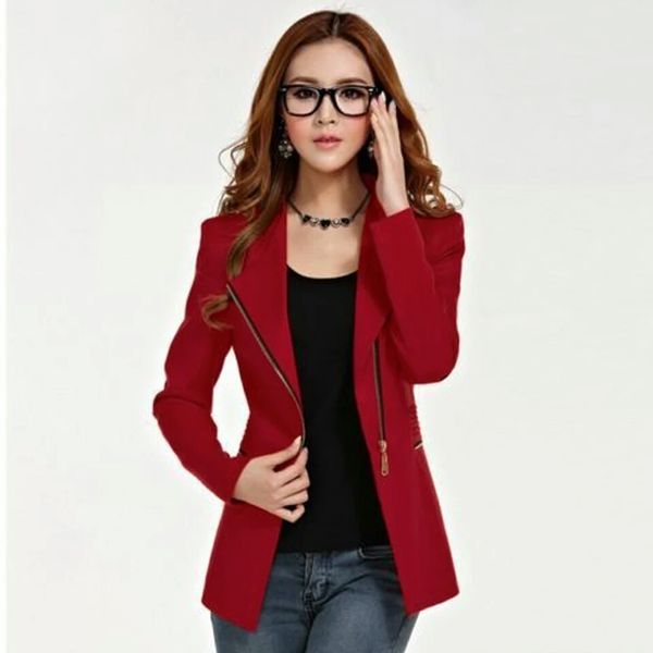 

new women jackets spring autumn casual suit coats solid zipper long sleeve turn down collar slim jackets, White;black