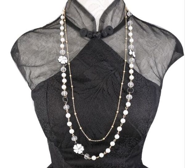 

Fashion designer luxury classic style elegant flower beatutiful butterfly crystal pearl chain long sweater statement necklace for woman