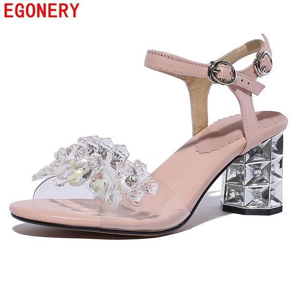 

egonery women leather sandals 2017 summer fashion string bead genuine leather shoes high heels pumps fashion sandals woman shoes, Black