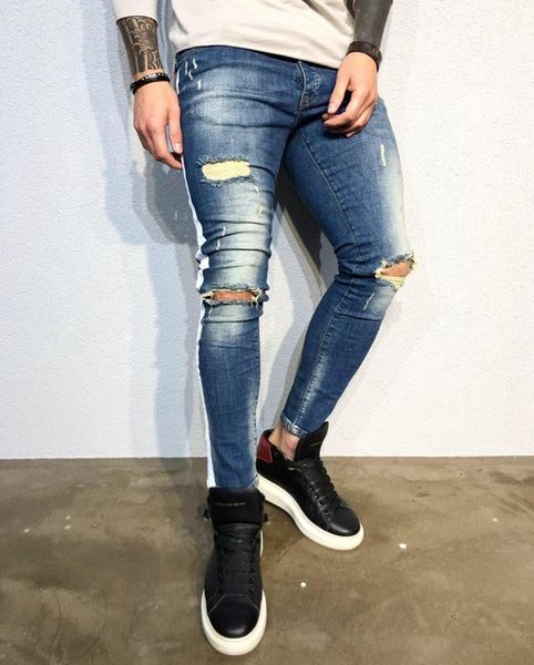 

men with holes skinny jeans europe and america jeans side white shen shi ku, Blue