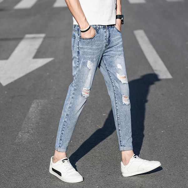 

men's washed denim trousers street fashion men's elastic cotton stretch jeans pants loose feet pants wearing denim broken holes, Blue