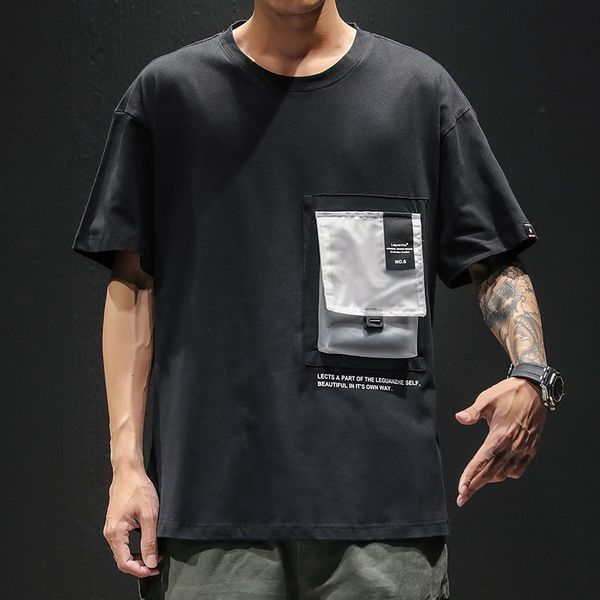 

streetwear male t-shirt big pocket men's t-shirts large sizes o-neck summer man's short-sleeved t-shirt, White;black
