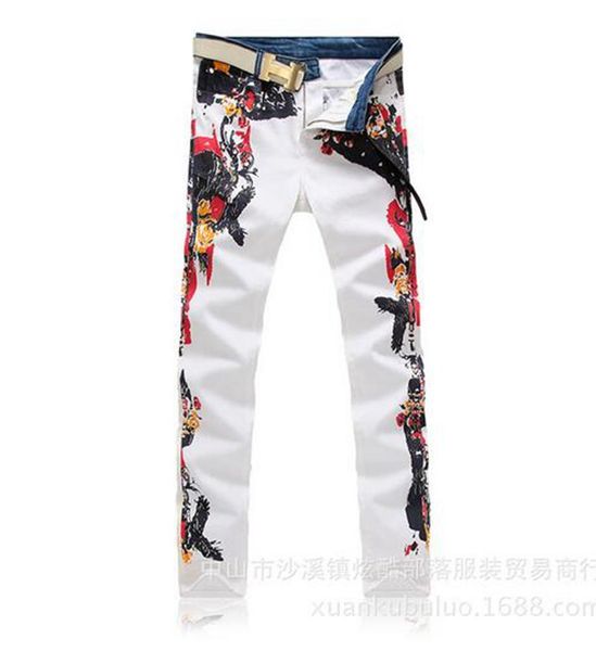 

men's casual fashion the new trend of cultivate one's morality personality cotton club white printing denim trousers 28-40, Blue